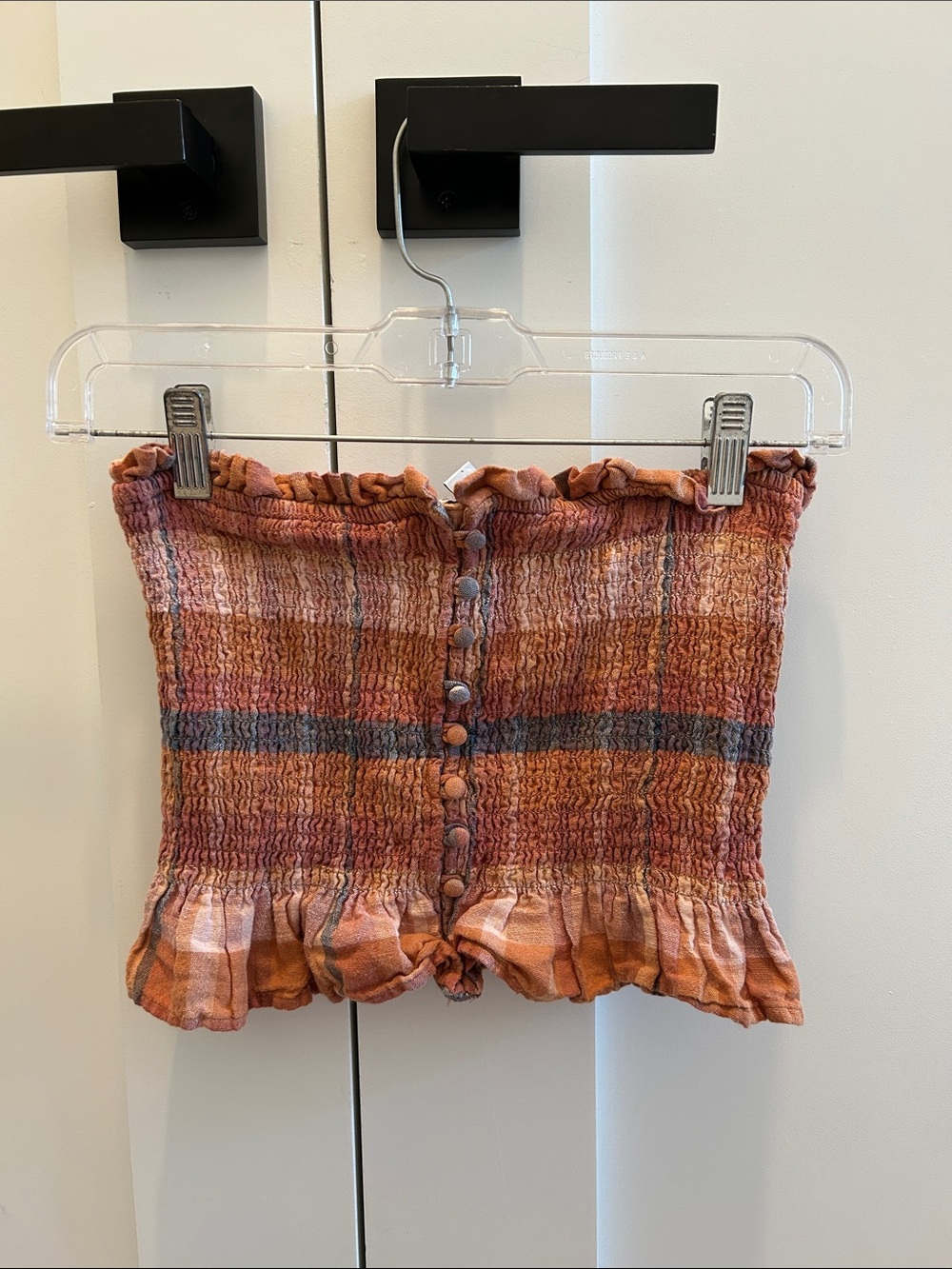 American Eagle Rust Plaid Smocked Strapless Top